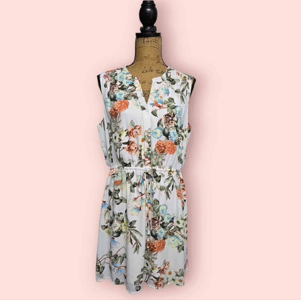 DR2 Floral Print Sleeveless V-Neck Dress Sz Large White